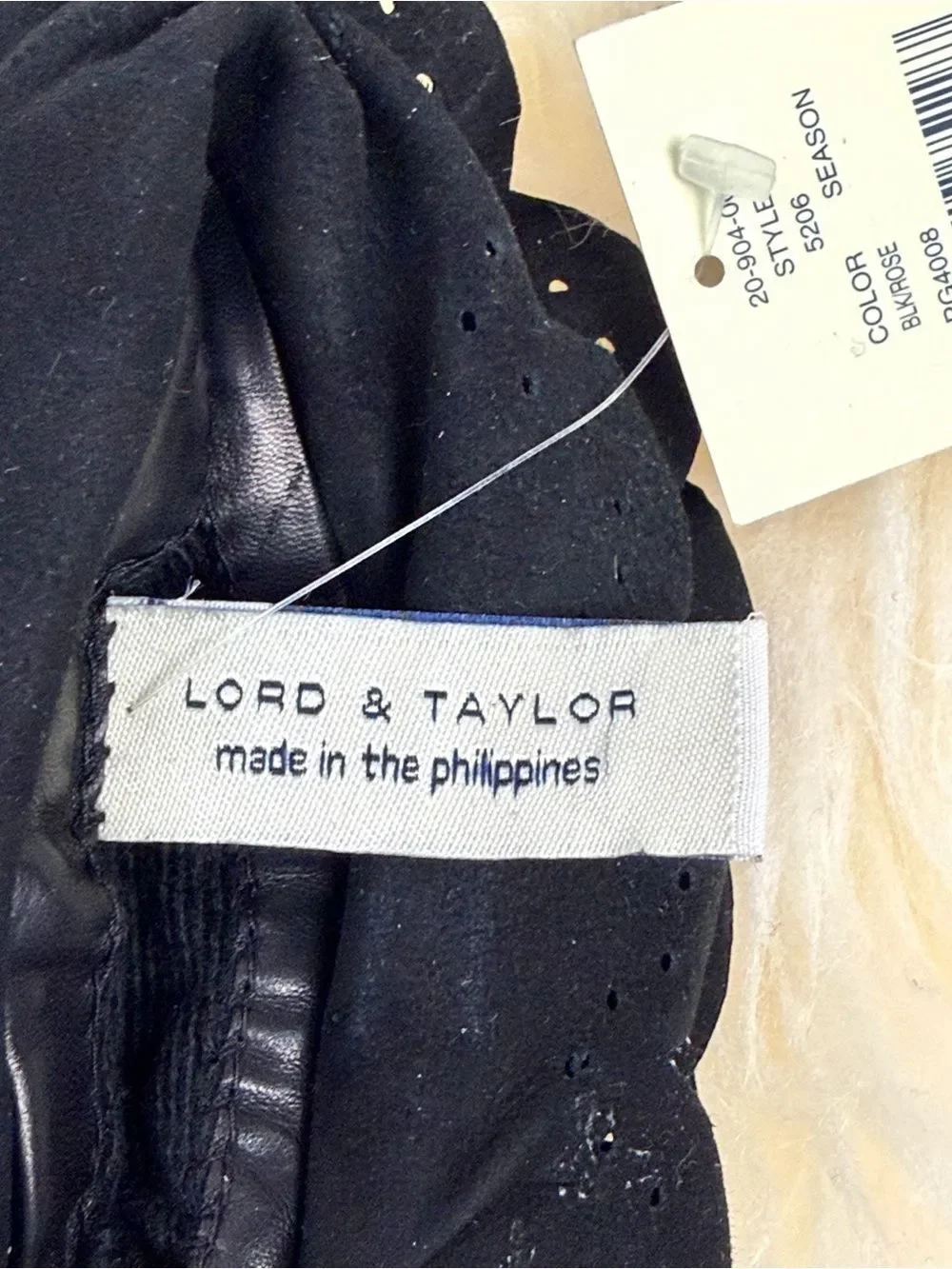 Lord & Taylor Black Leather Gloves Size 8 Pink Trim Bow Scalloped Cuff NWT Vtg